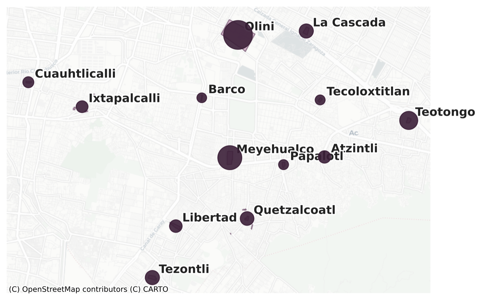 Map of the 13 UTOPÍAS in Iztapalapa, with the size of each circle based on its number of visitors